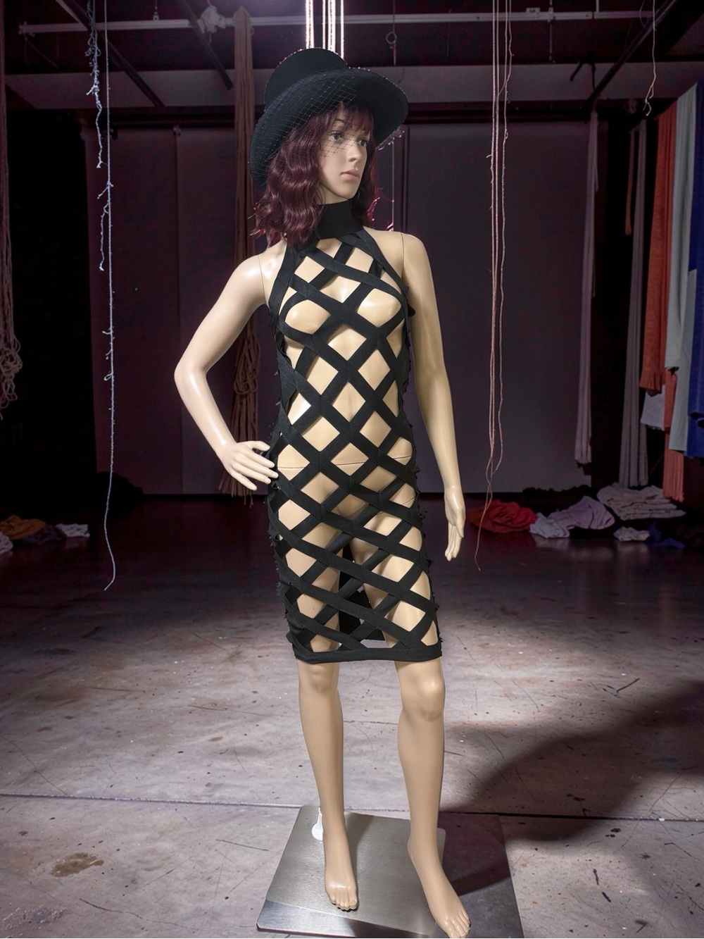 Good Times USA Sz M Sleek Black Lattice Bodycon Strappy Halter Mini Dress (0770)